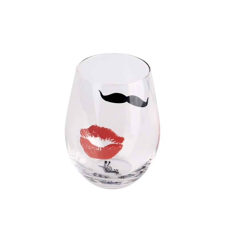 Machine Blown Stemless Egg Shape Clear Glass Cup Soft Drinks Glass With Moustache And Lipstick Pattern Decal Printing