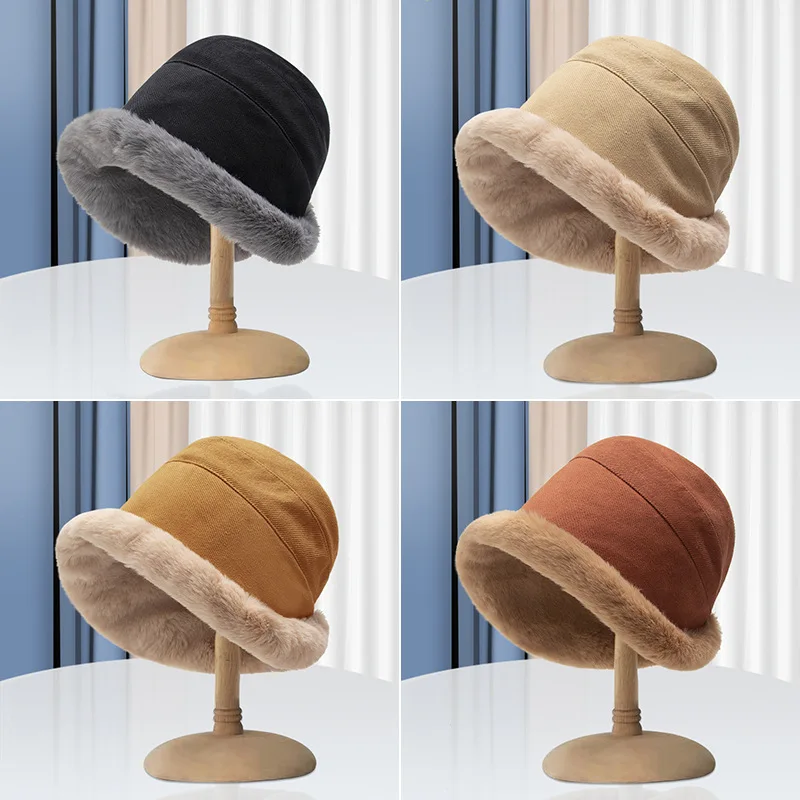 Hot Sale Autumn And Winter Women Cashmere Lamb Fur Fisherman Hat Thick Warm Plush Basin Hats Caps