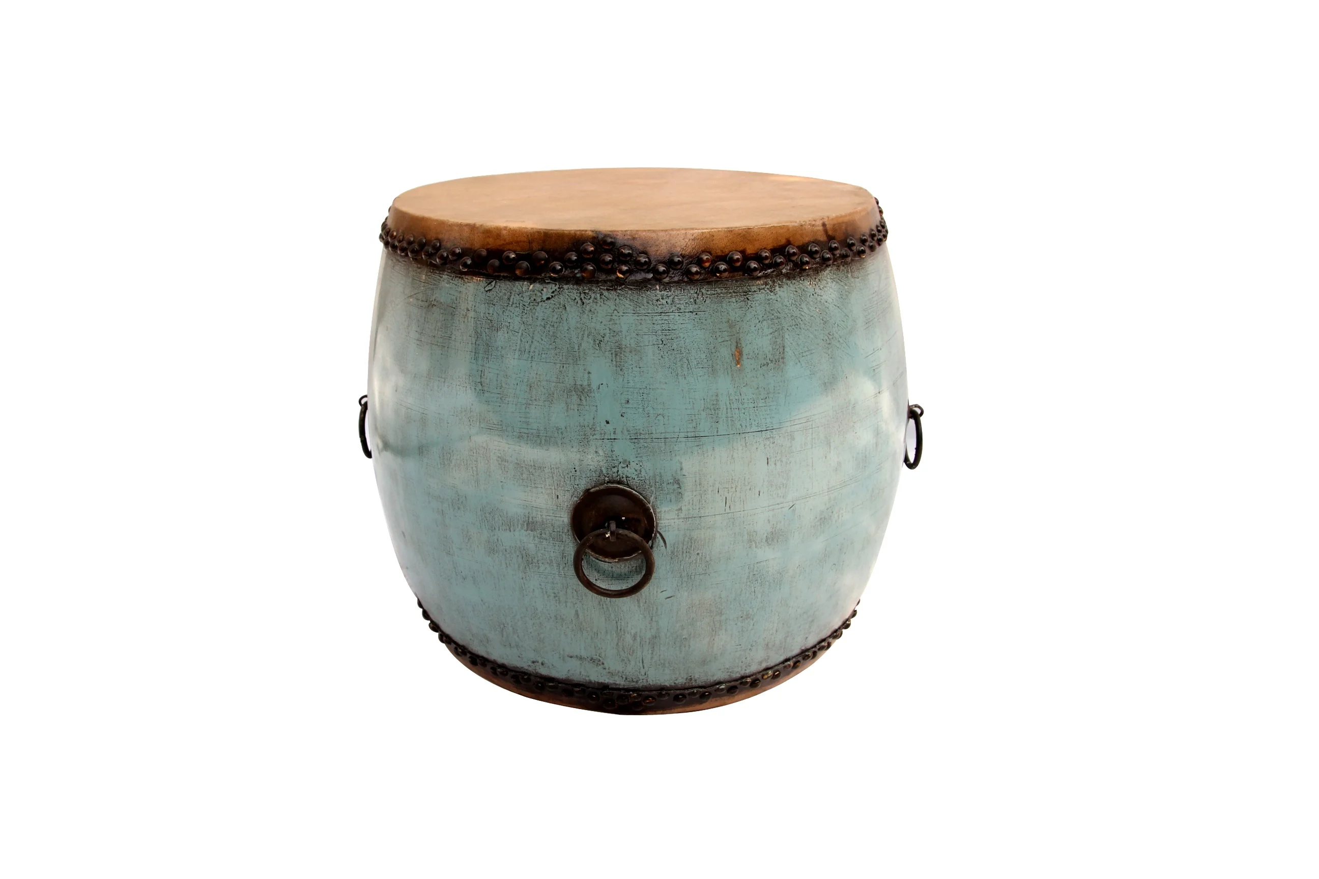 Chinese antique vintage hand painted leather drum table