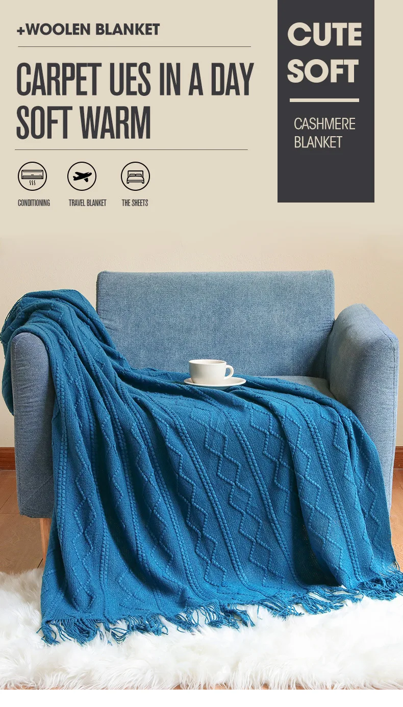 RTS hot sale knitted blanket Custom logo  bohemian  boho home  wool throw  blankets  throws for sofa nap camp