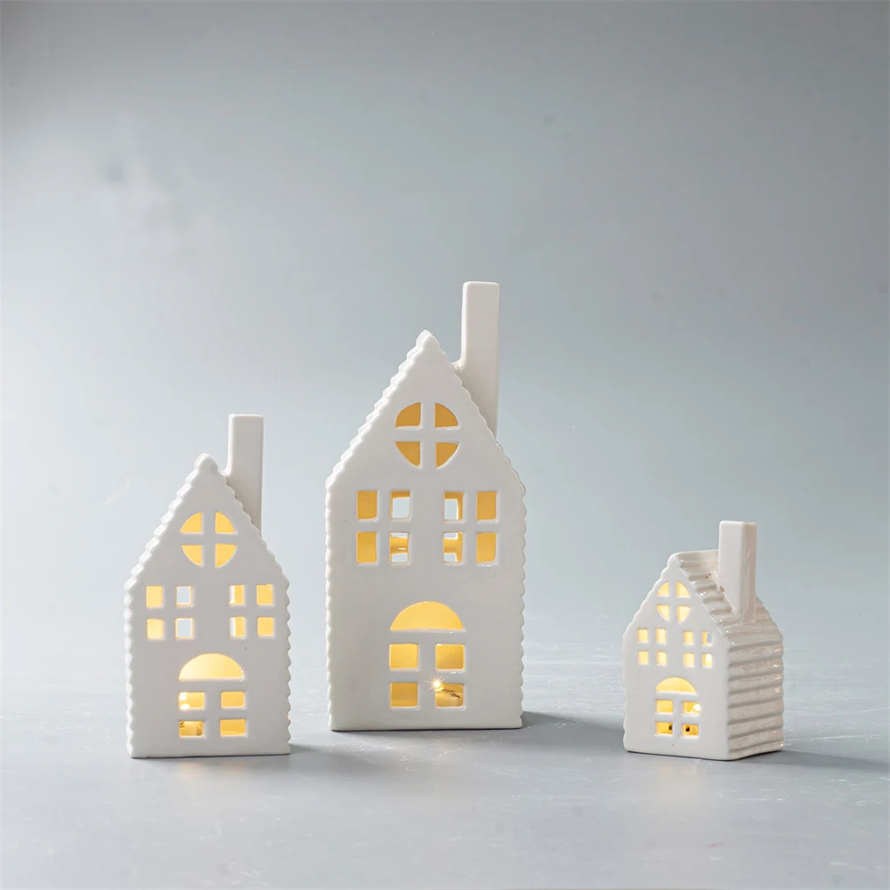 New product ideas 2023 white ceramic lighthouse ceramic white tea light house  chimney cottage church candle holder for decor