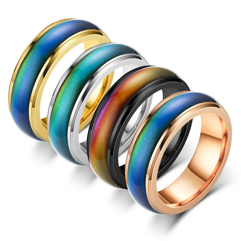 Hot Style Thermochromic Smooth Mood Rings 6mm Couple Stainless Steel Changing Color Mood Finger Rings