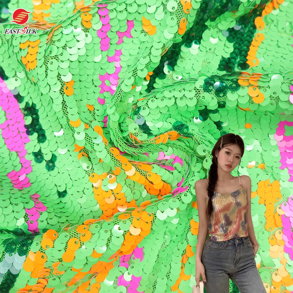 Hot Sell Blue Color Sparkle Sequin Soft Tulle Net Mesh Embroidery  Flower Sequin Knit Fabric For Wedding Deess