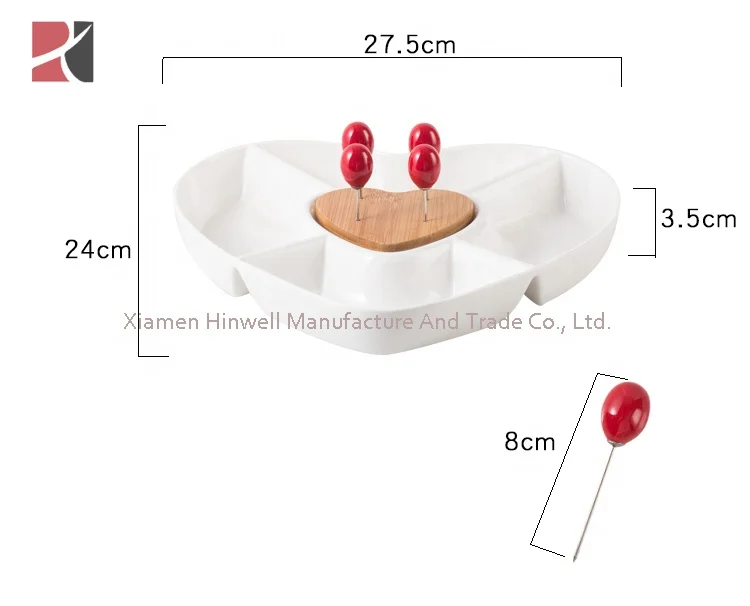 Decorative Wedding White Ceramic Appetizer Serving Platter Tray Nut Fruit Plate with Food Picks and Wood Holder
