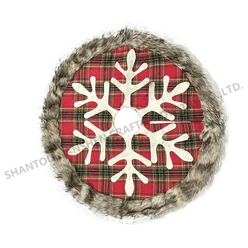 Christmas Tree Skirt, Burlap Plaid Snowflake with Thick Faux Fur Edge Skirt, Rustic Xmas Tree Holiday Party Decorations