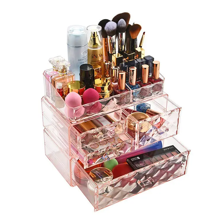 Choice Fun Wholesale Pink Diamond Pattern Clear Makeup Organizer Storage Box Cosmetic Storage Box