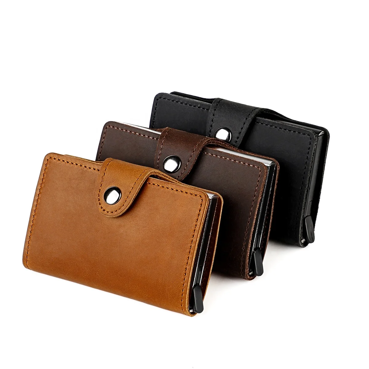 FSW375 wholeSale Luxury Genuine Leather Pop-Up Card Holder Cardholder Aluminum Metal Automatic Pop-Up Bank Case Wallet