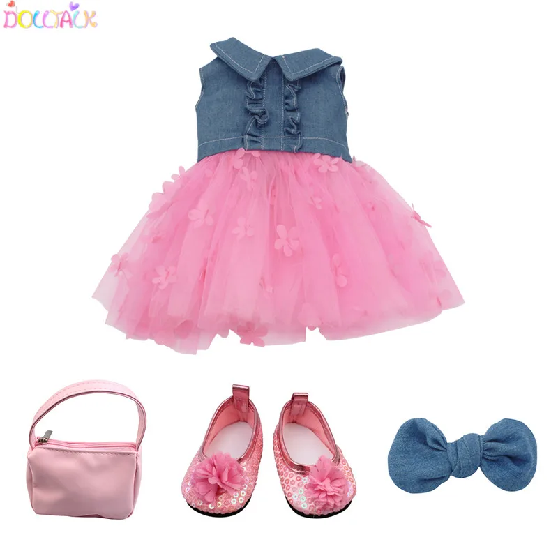 Dolltalk Brand Hot 18-inch American Doll Denim Jacket Stitching Skirt With Bow Headdress, Shoes, Bag Suit Doll Clothes
