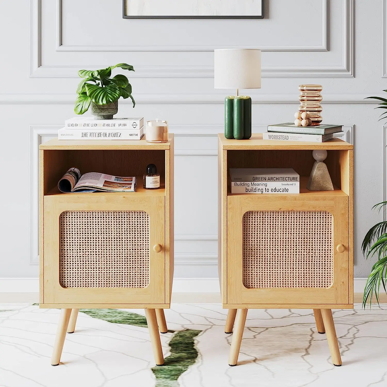 Mid Century Modern Rattan Nightstand with  Bedside Table with Drawers Natural Rattan Finish