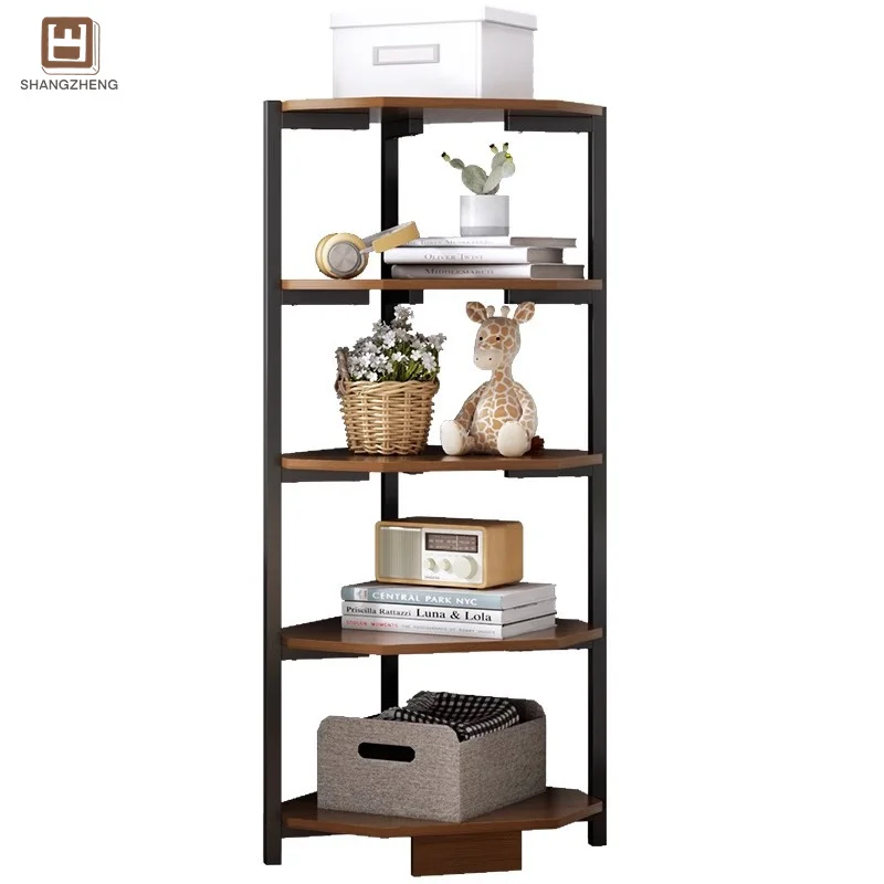 Modern Corner Bookshelf With Rounded Shelves, In Deep Brown And Black Metal, Ideal For Organized Storage And Display