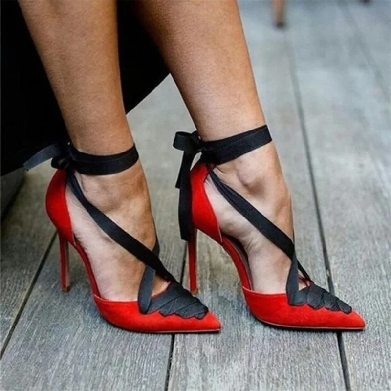 Black Ribbon Red Suede High Heel Shoes Lace-up Stiletto Heel Pointed Toe Cross Strappy Dress Shoes Mixed Patchwork Wedding Shoes
