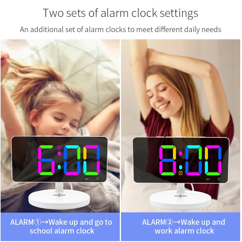 Digital Alarm Clock with Wireless Charging Suitable for Mirrored LED Clock in Bedroom Decoration