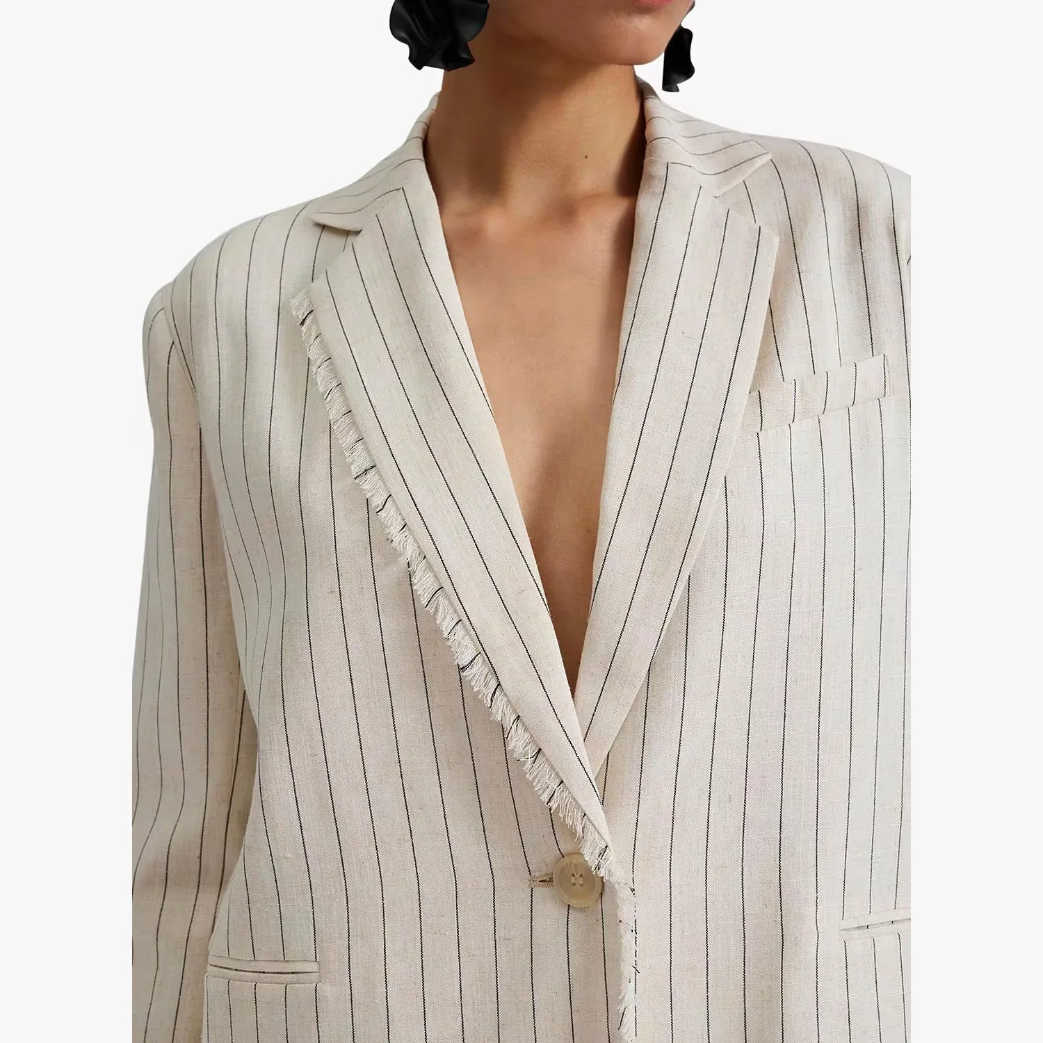 High Quality Fashion Trend Custom Women Oversized Linen Pinstripe Blazer Long Sleeve Outwear Linen Blazer For Women