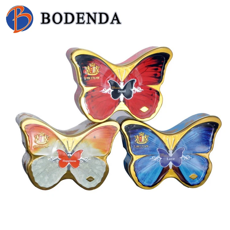 top quality butterfly shaped empty cookie tin can with lids