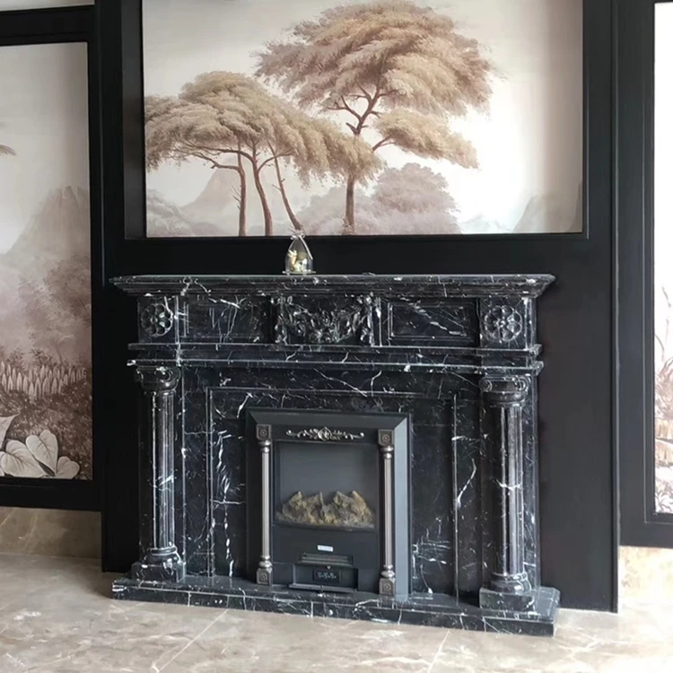 White Stripe in Black Black Marquina Nero Margiua Nero Oriental Marquina Marble Stone Fireplace Frames Mantel Chimney-piece