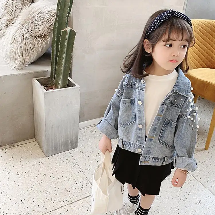 Wholesale Girls Lapel Denim Jacket Spring Autumn Pearl Decorative Children Denim Top Coat Jacket Kids Denim Jacket