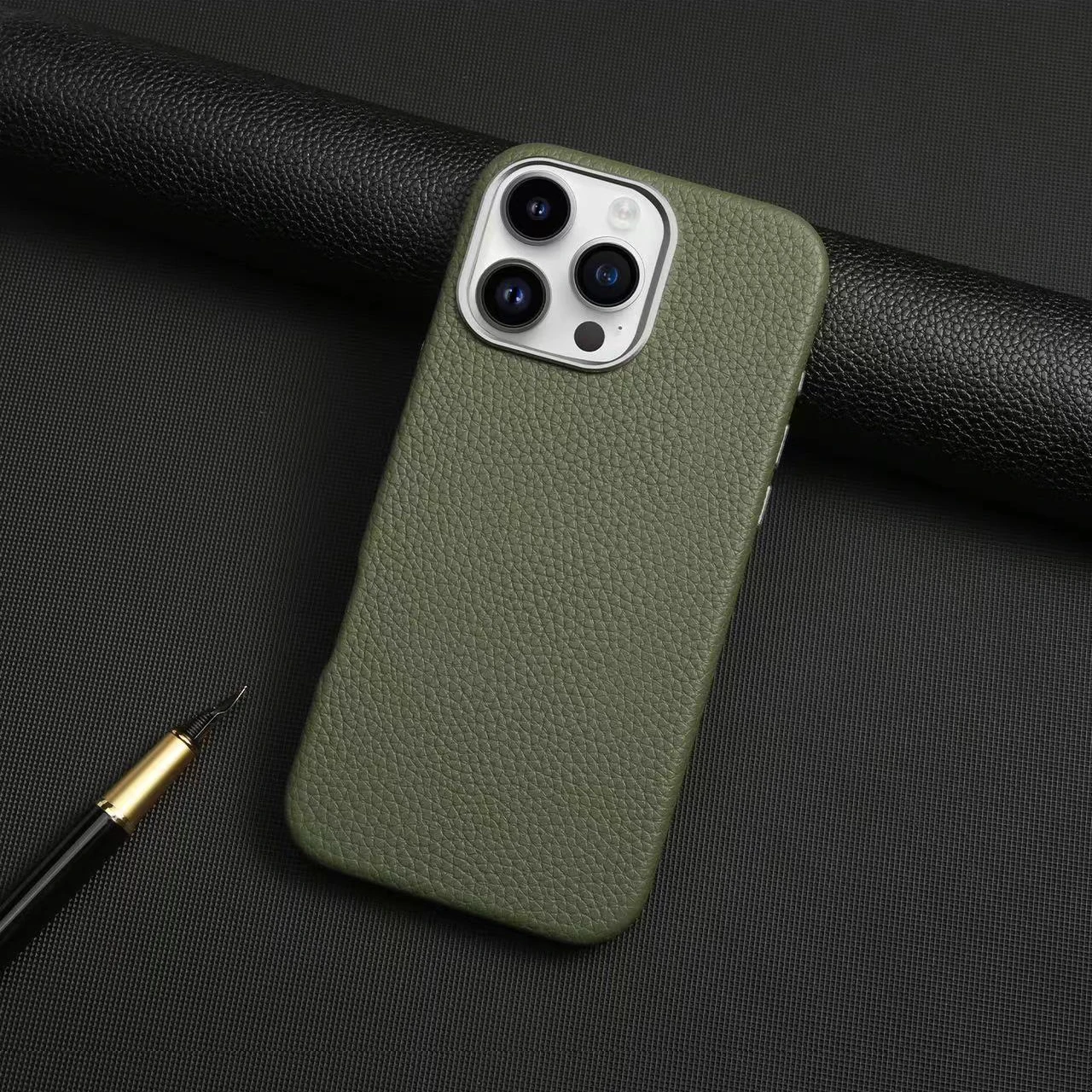 Grain PU Leather Phone Cover With Shockproof Protective Camera Bezel For iPhone 14 15 16 Pro Max Slim Pebble Leather Phone Case