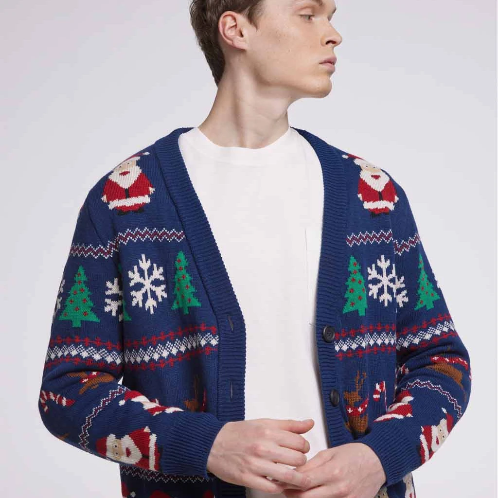 Christmas Unisex V-neck Cardigan Jacquard Knitted Christmas Patterns Cardigan With Buttons On Front Side