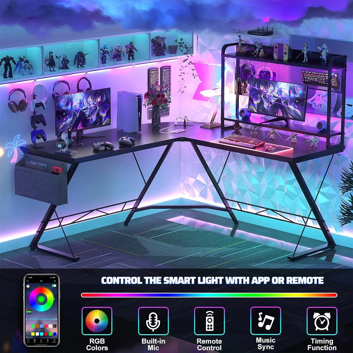 L Shaped Gaming Desk with LED Lights & Power Outlets pc gamer gaming table desk for home office L shape LED gaming desk