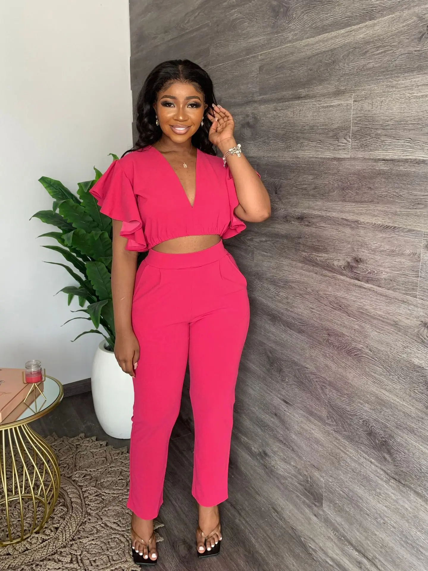 X07016S Новый женский топ с глубоким V-образным вырезом узкие прямые брюки повседневный комплект из двух