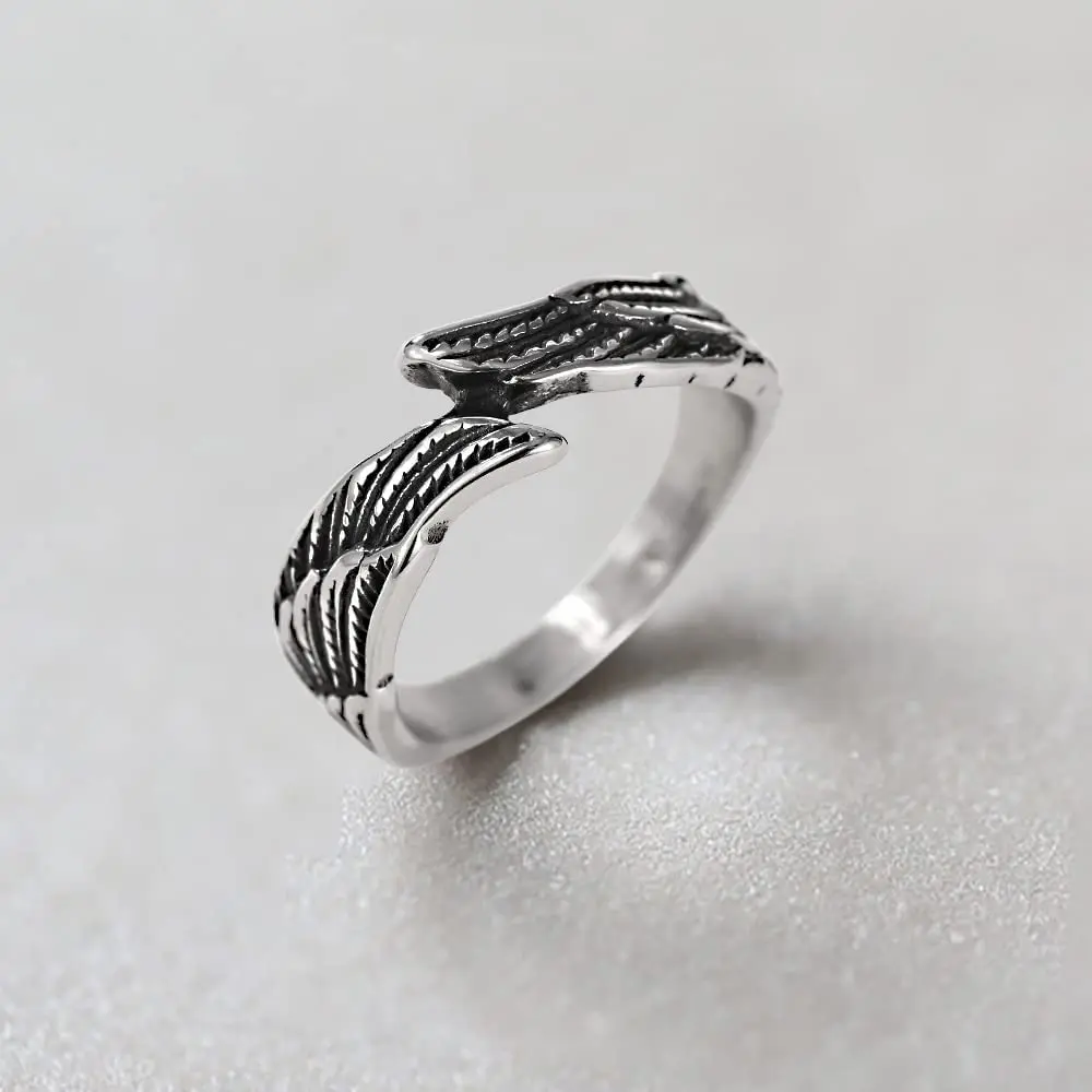 Antique Stainless Steel Ring Feather Angel Wing Cast Black Silver Band