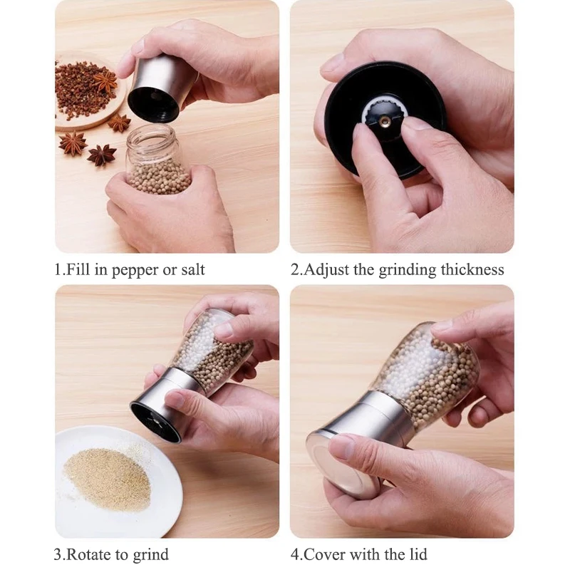 Amazon Wholesale  Adjustable Ceramic Core Bottle Stainless Steel Glass Salt Mill Chili Manual Pepper Grinder Mill Shakers Set