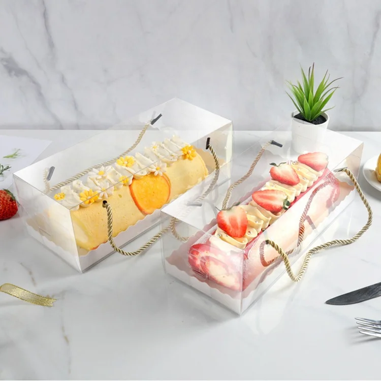 Wholesale Cake Shop Dessert Shop Portable With Handle Rectangular And Transparent Long Plastic Cake Container Box