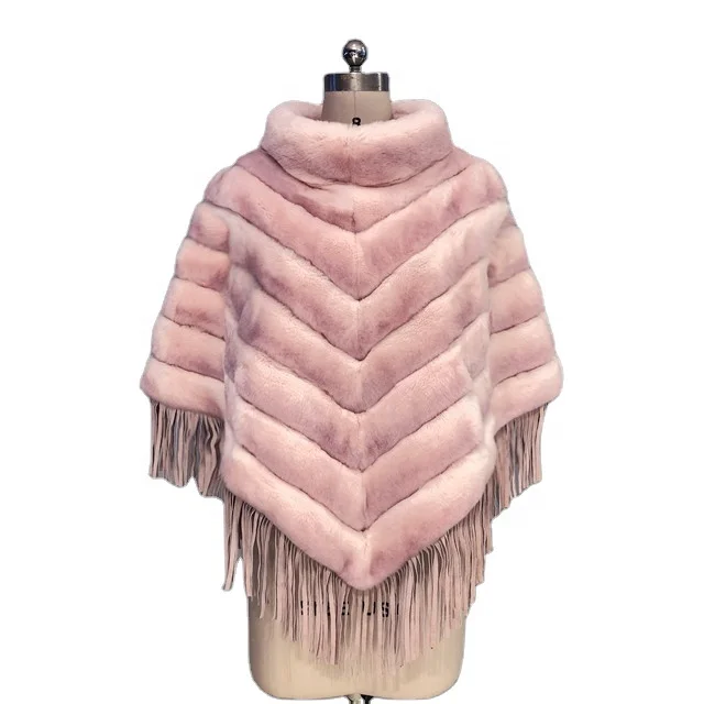 Women Female Girls Spring Autumn Winter Popular One Size Shawl Free Body Suede Tassel Pockets Striped Rex Rabbit Fur Poncho