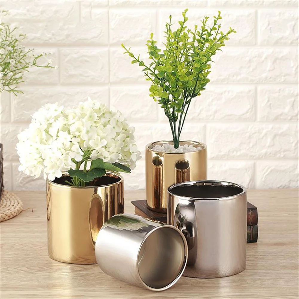 Wholesale golden electroplating Nordic succulent potted hydroponic flower pot ceramic ornaments