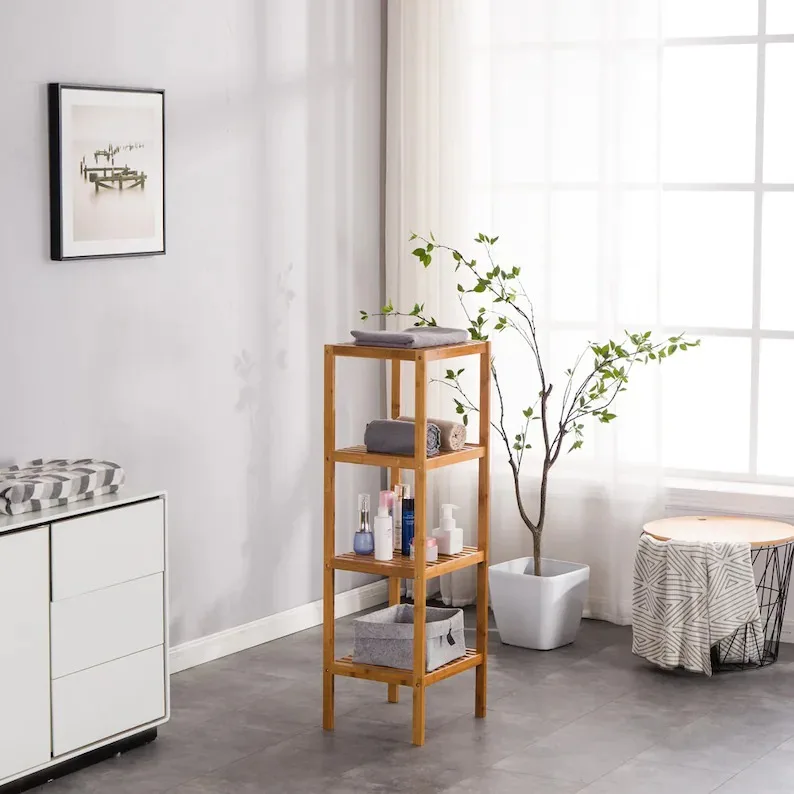 Custom Bamboo Furniture Storage Racks 4 5 Tier Bathroom Shelves Bookshelf Organizer Corner 100% Bamboo Shelf