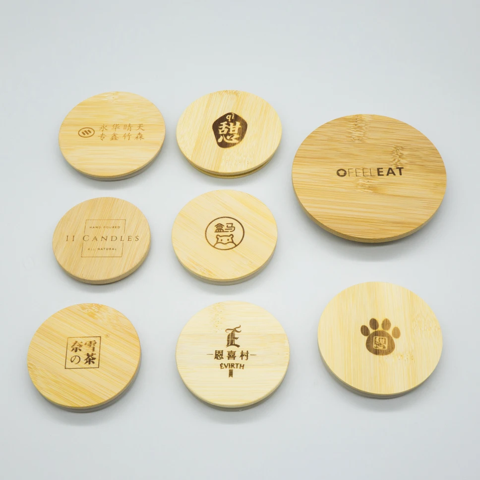 Natural Color Factory Customize Logo Seal Ring Airtight Wooden Bamboo Mason Jar Caps Lid with Hole for Straw 86 mm
