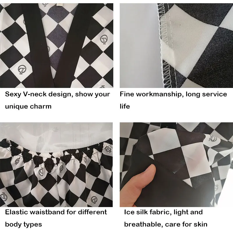 sutra tipis 2 buah bernapas lengan panjang raso lembut kotak-kotak surat pakaian santai  set piyama