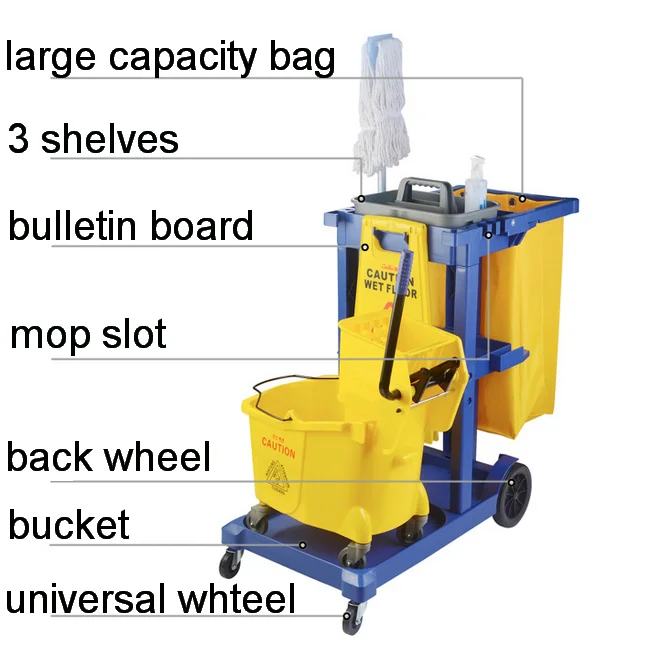houskeeping multi purpose plastic  cleaning janitor  trolley  cart with cover and mop