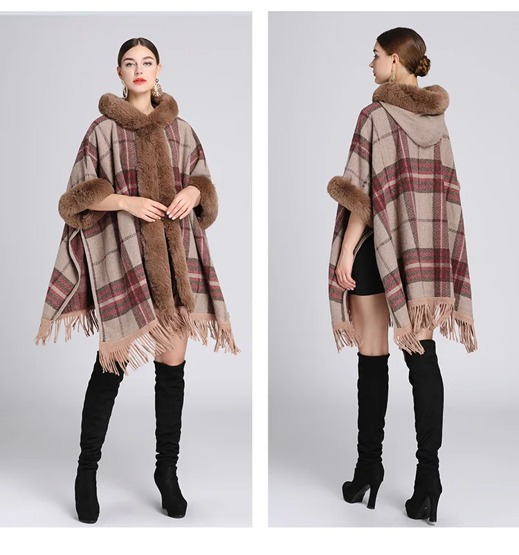 Fashion Winter Women Plaid Faux Fur Cape Cloak Rabbit Fur Hooded Poncho Cardigan