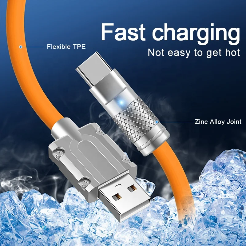 120W 6A Super Fast Charge Liquid Silicone Cable Type-C Charger Data Cable For Xiaomi Huawei Samsung Zinc USB Bold Data Line 1m