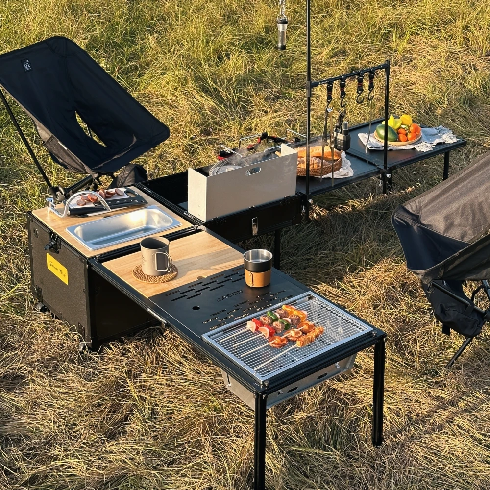 Jason Camping Standard Edition Aluminum Folding Portable Picnic Table Multi-Functional Outdoor Mobile Kitchen Box go together