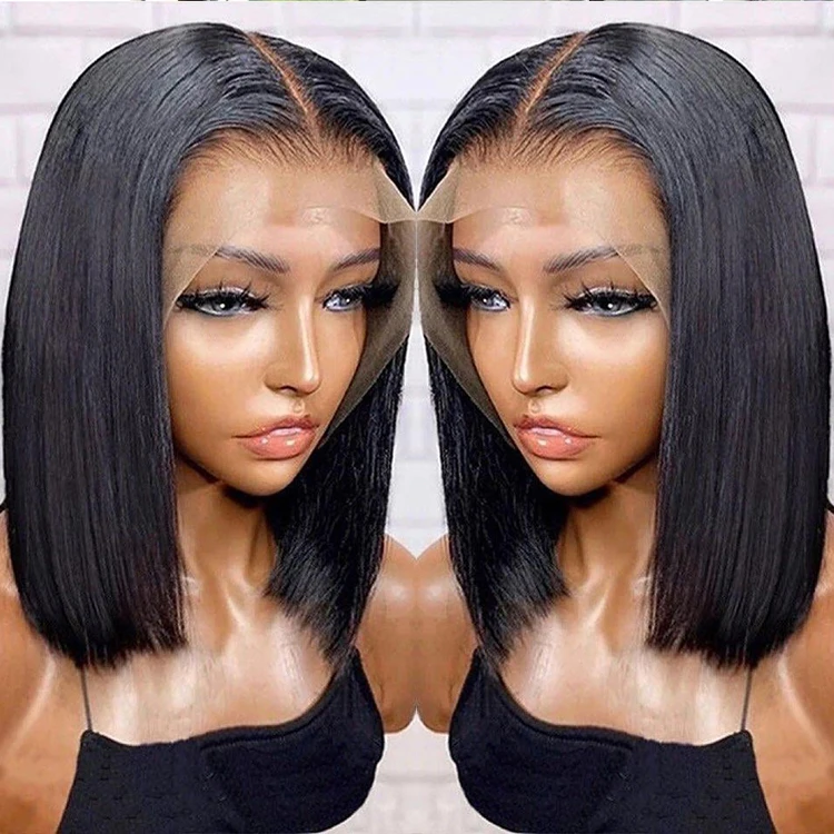 New Design Thick Bob Cut Human Hair Natural Black 12 14 16 Inch Silky Straight Peruvian Short Bob Wigs Lace Front