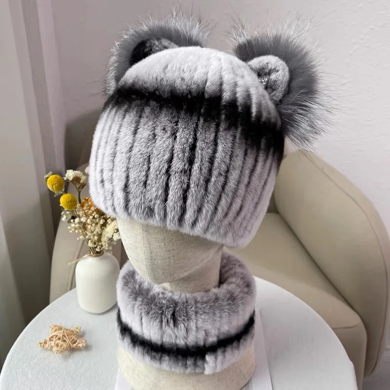 CX-C-97C Lady Boutique Outfit Hand Knitted Rex Rabbit Fur Women Winter Beanie Hat and Scarf Set