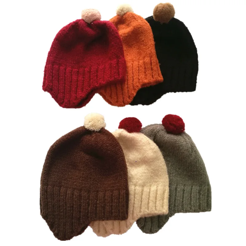 Solid Child Knitted Caps Boys Ear Protector Hats Autumn Wool Skull Cap Winter Cute Baby Ball Beanies Pom Pom Beanie For Kids