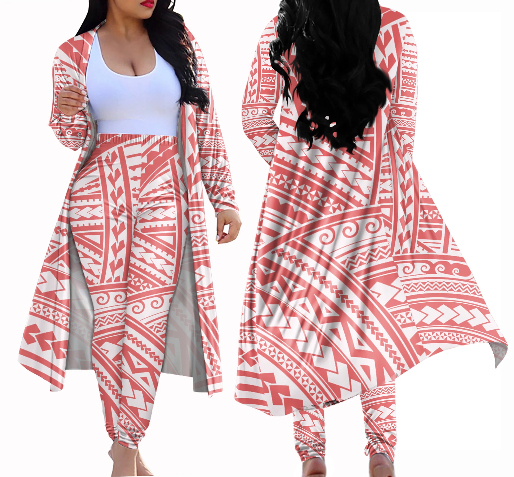 Gentle Pink  High Waisted Pants and Long Top Samoa Tribal Polynesain Tattoo Design Plus Size Open Front Cardigan 2 Piece Outfits