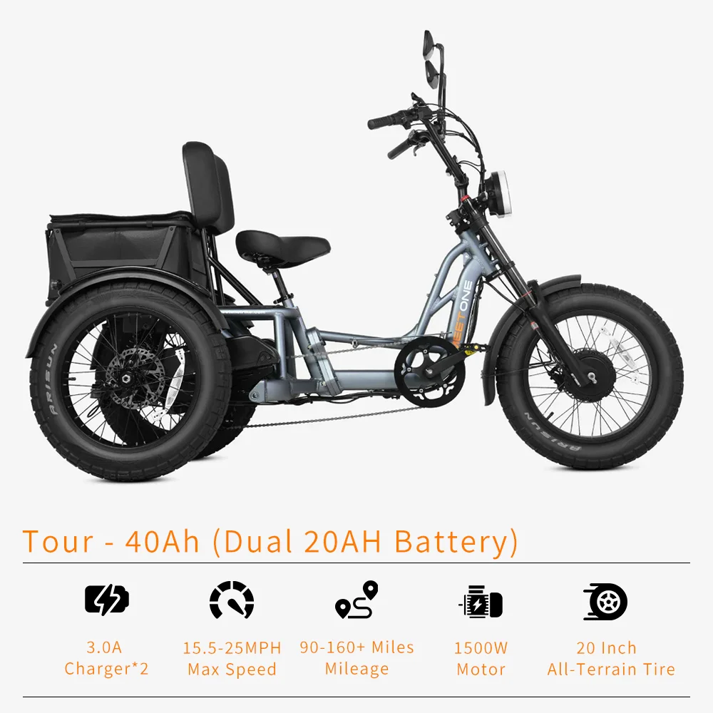 High Quality Cargo Fat Tire Double Batteries Lithium 3 Wheel Electric Bicycle 20inch Etrike Cargo Electric Tricycle for Adults