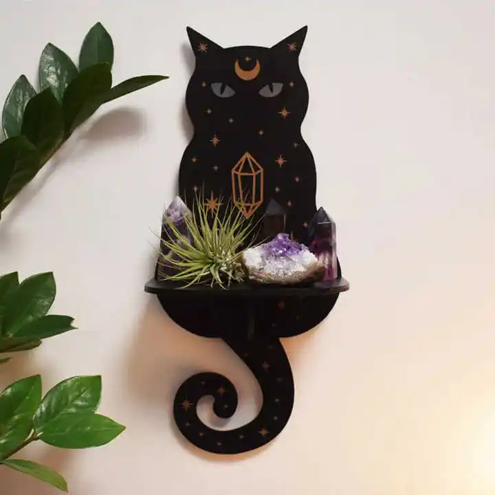 Wall Decorative Shelving Ornaments Holder Moon phase and Cat Shape Decor Crystal Display Shelf Altar Witch Pendulum Stand