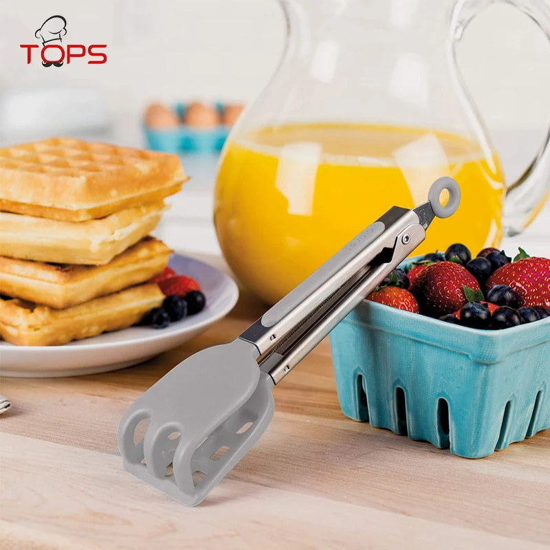 Easy-Grip Mini Waffle Non-Slip Stainless Steel Handle Silicone Heads Kitchen Tongs for Cooking Waffles & Breakfast