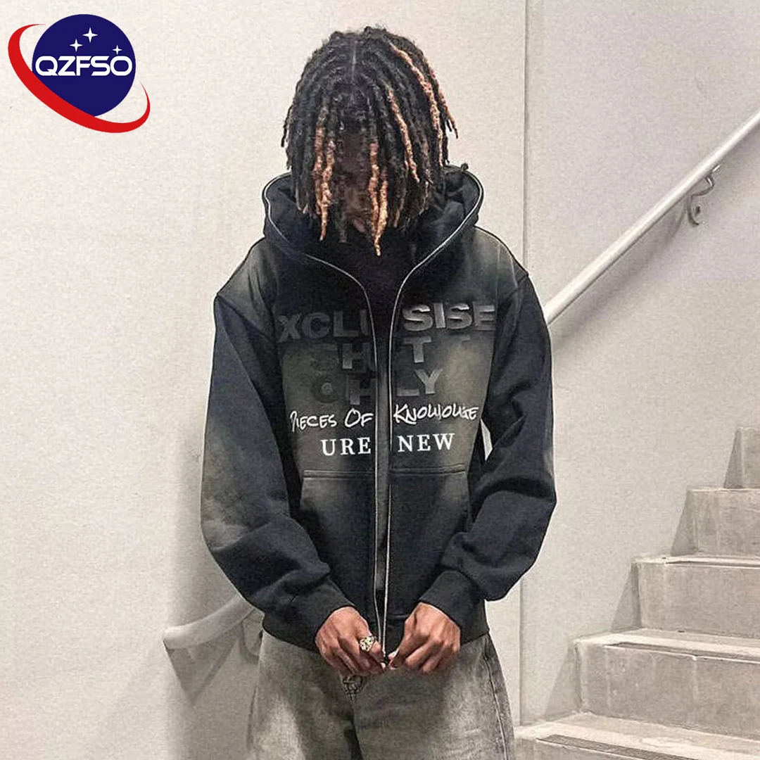 QZFSO Manufacturer Custom Logo Gray Sun Faded Oversized Cotton Print Pullover Men Distressed Acid Wash Full Zip Up Hoodie