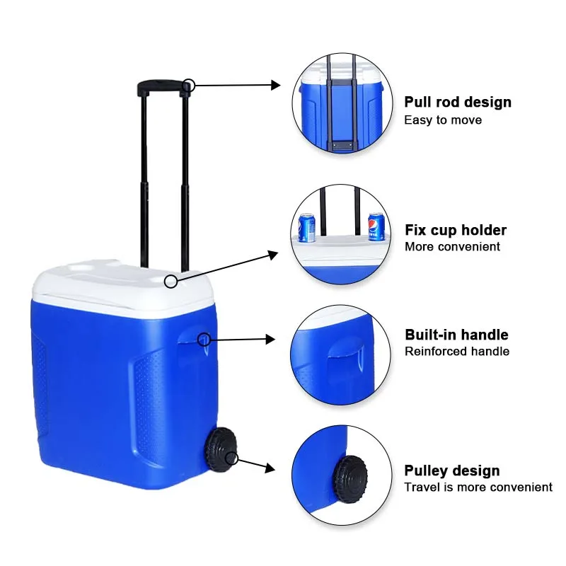 Popular 54L outdoor food fresh cold storage ice cooler box with wheels