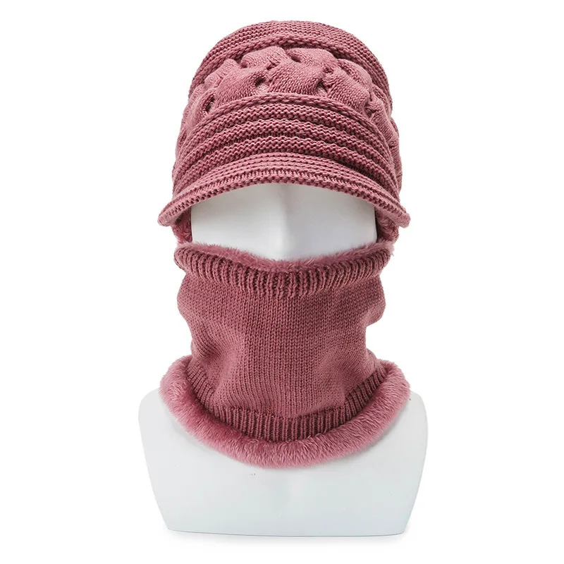 Men Bib Integrated Windproof Winter Hat Full Face Hood Visor Skull Headgear Fleece Lined Warm Hat Scarf Two Piece Set