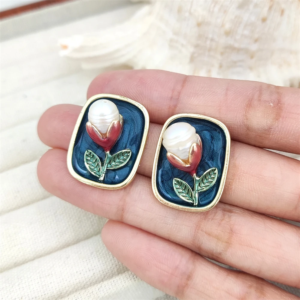 French oil painting style real baroque freshwater pearl pendant elegant flower rectangle earrings gold stud for birthday gifts