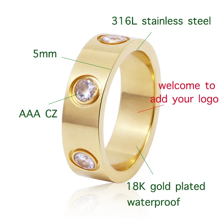 Wholesale Waterproof 18K Gold Plated Couple Zircon Love 316l Stainless Steel Ring