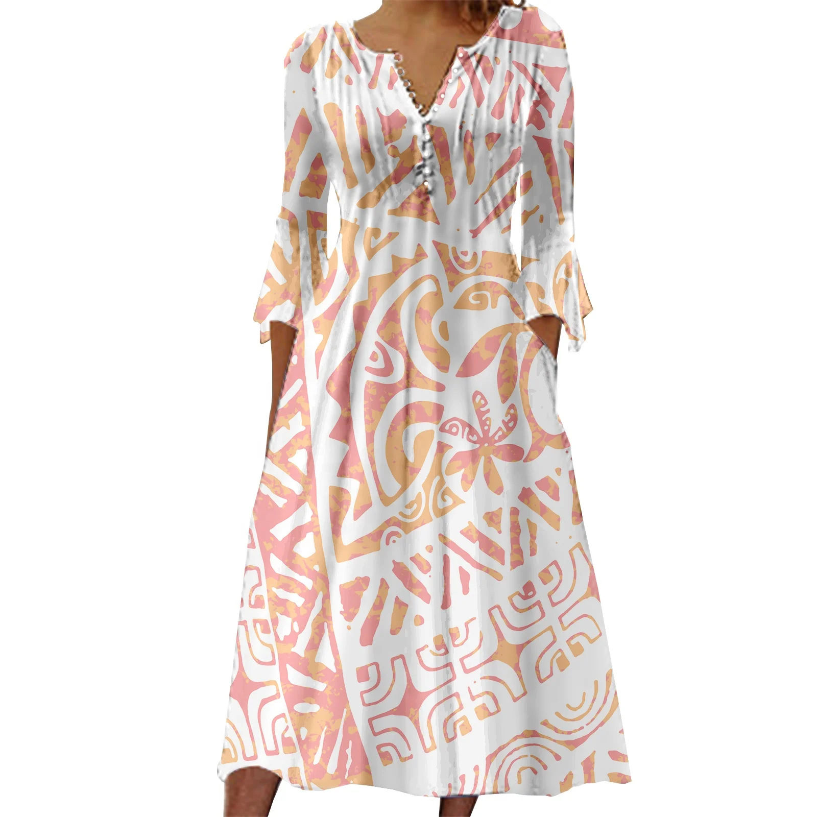 Promotional V Neck Midi Sleeve Vintage Women Long Dress Puletasi Polynesian Fashion Girl Gown Party Dress Samaon Dresses
