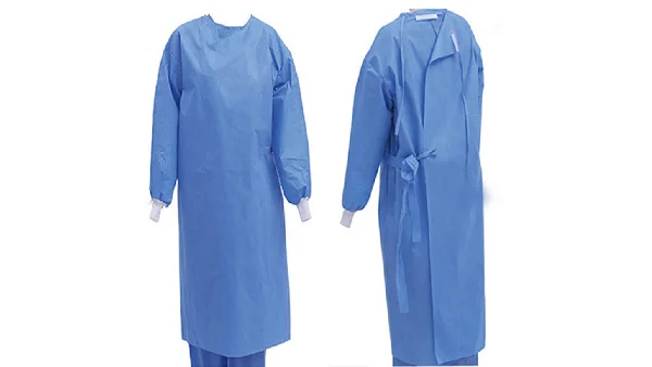 Inexpensive disposable blue non-sterile non-woven elastic knitted cuff isolation gown